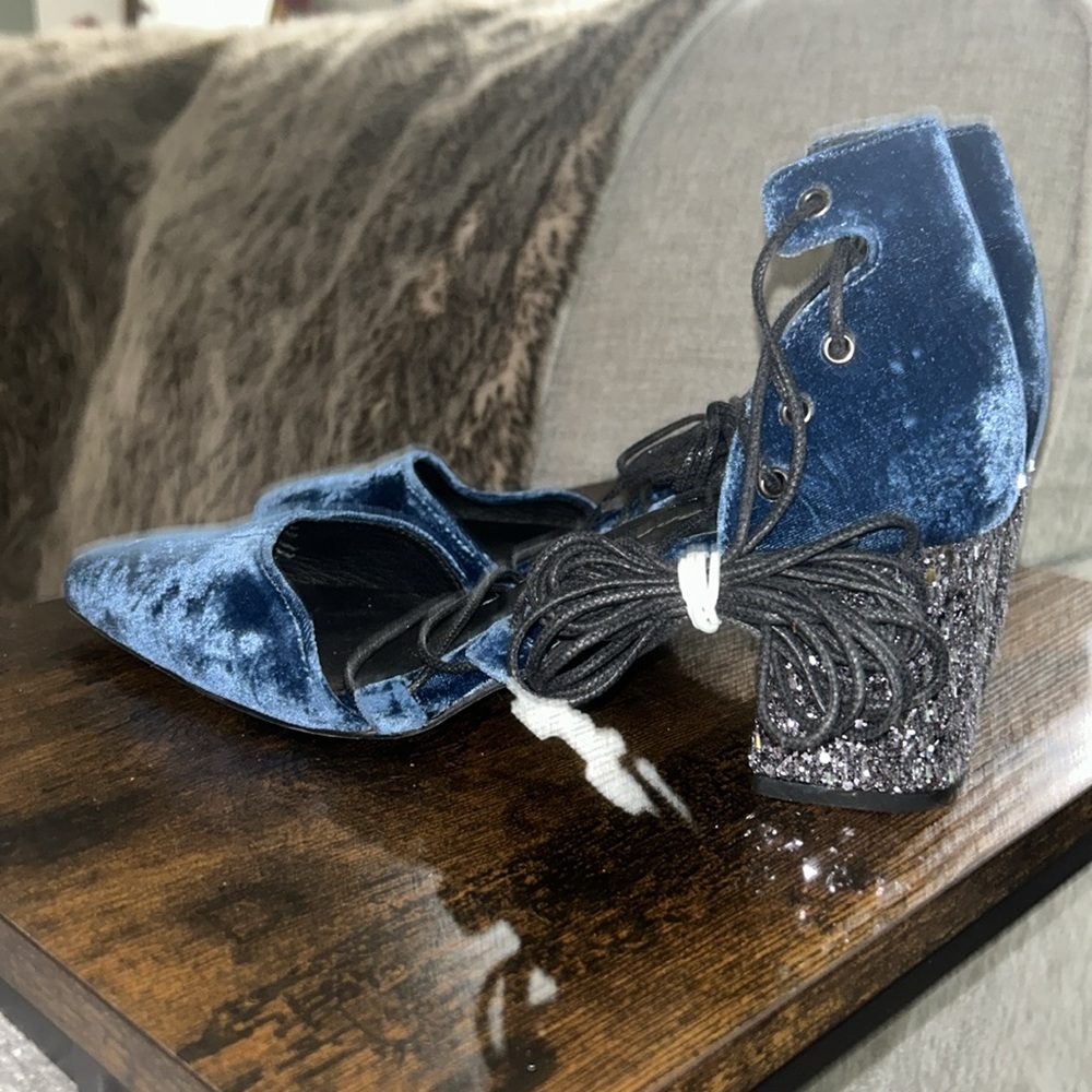 NEW Free People Mi iM Velvet Gladiator Heels SZ 40 Strappy Glitter Block Heel - Picture 2 of 4